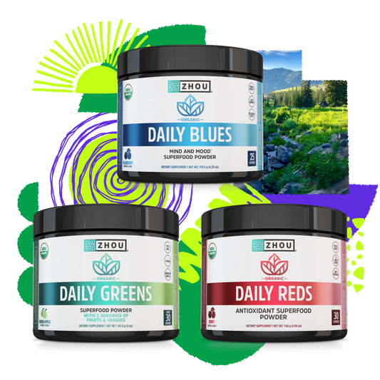 Zhou Nutrition’s Daily Superfoods Bundle offers vegan, antioxidant-rich nutrition with Blues, Greens, and Reds powders.