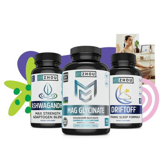 Zhou Nutrition Chill Mode Bundle bottles on a white background with abstract shapes.