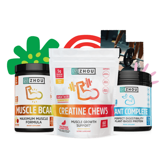 The Zhou Nutrition Gym Day Bundle containers stand before vibrant, colorful graphics.