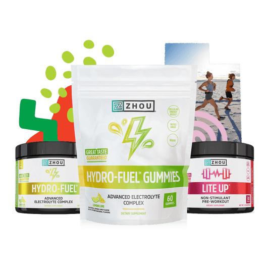 The Peak Cardio Bundle by Zhou Nutrition features vibrant abstract shapes and runners in the background.