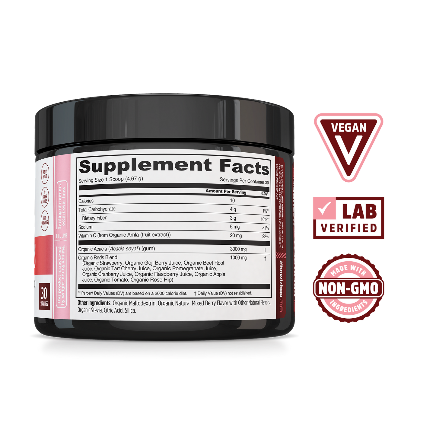 Black Daily Reds supplement container by Zhou Nutrition shows nutrition label with superfood and antioxidant icons on right.
