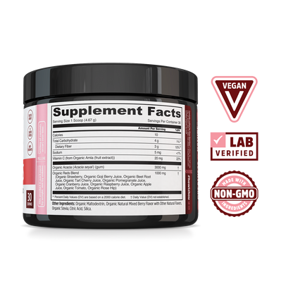 Black Daily Reds supplement container by Zhou Nutrition shows nutrition label with superfood and antioxidant icons on right.