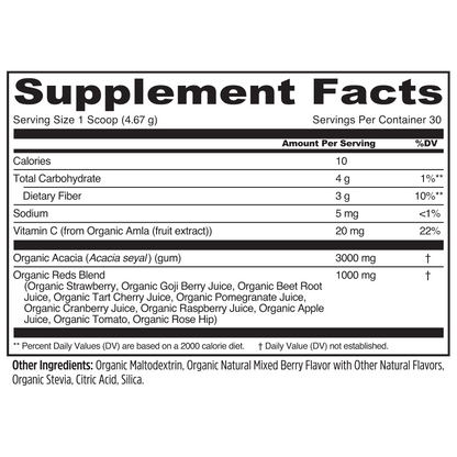 Daily Reds by Zhou Nutrition: supplement facts label with superfood ingredients, antioxidants, nutrition & serving size info.