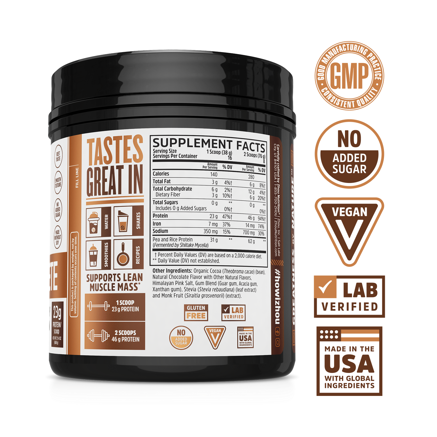 Zhou Nutrition Plant Complete vegan protein powder with supplement facts, certification icons, and full amino acid profile.
