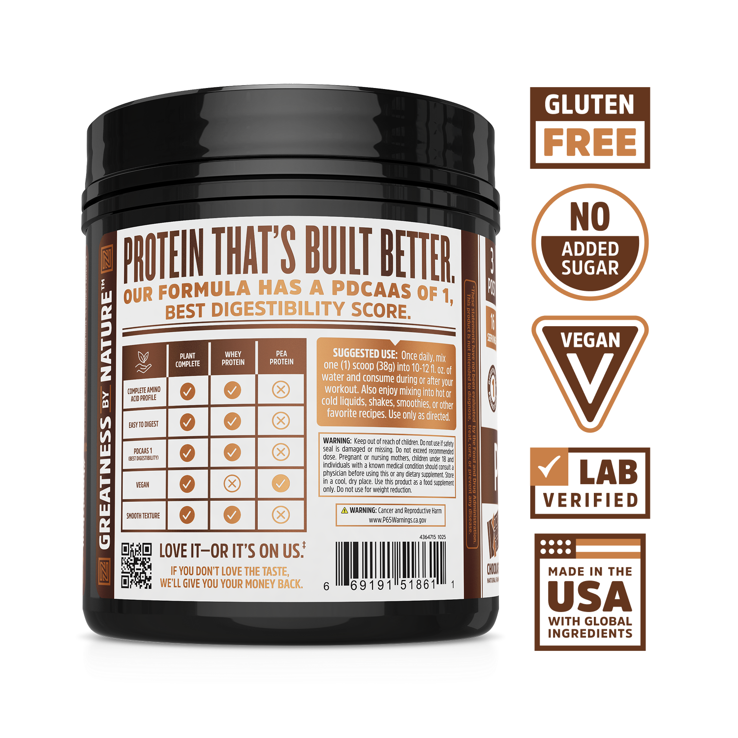 Zhou Nutrition Plant Complete: gluten free, no added sugar, lab verified, made in USA vegan protein powder.
