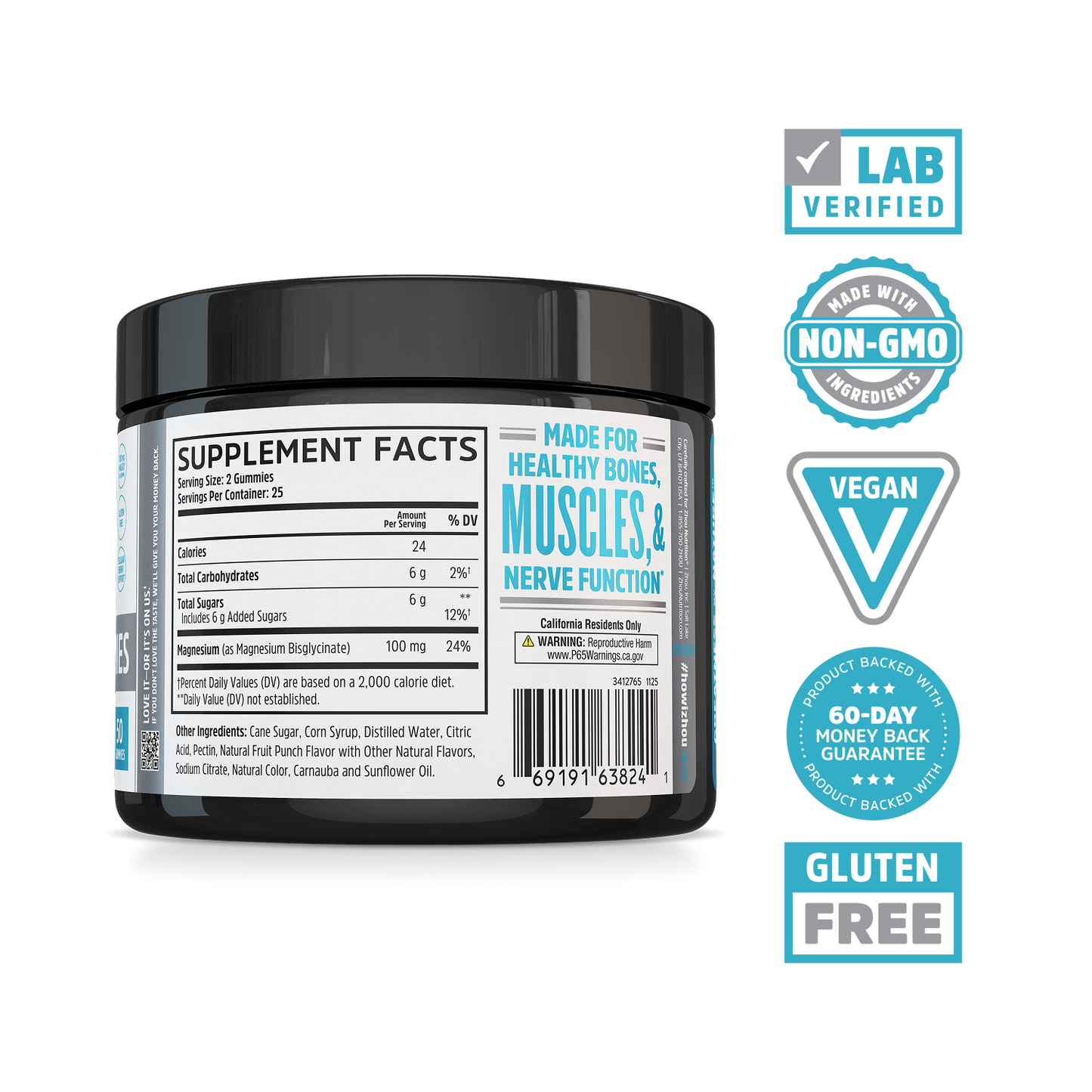 Zhou Nutrition Mag Glycinate Gummies jar with label for nerve support, benefits, and vegan, gluten-free icons.