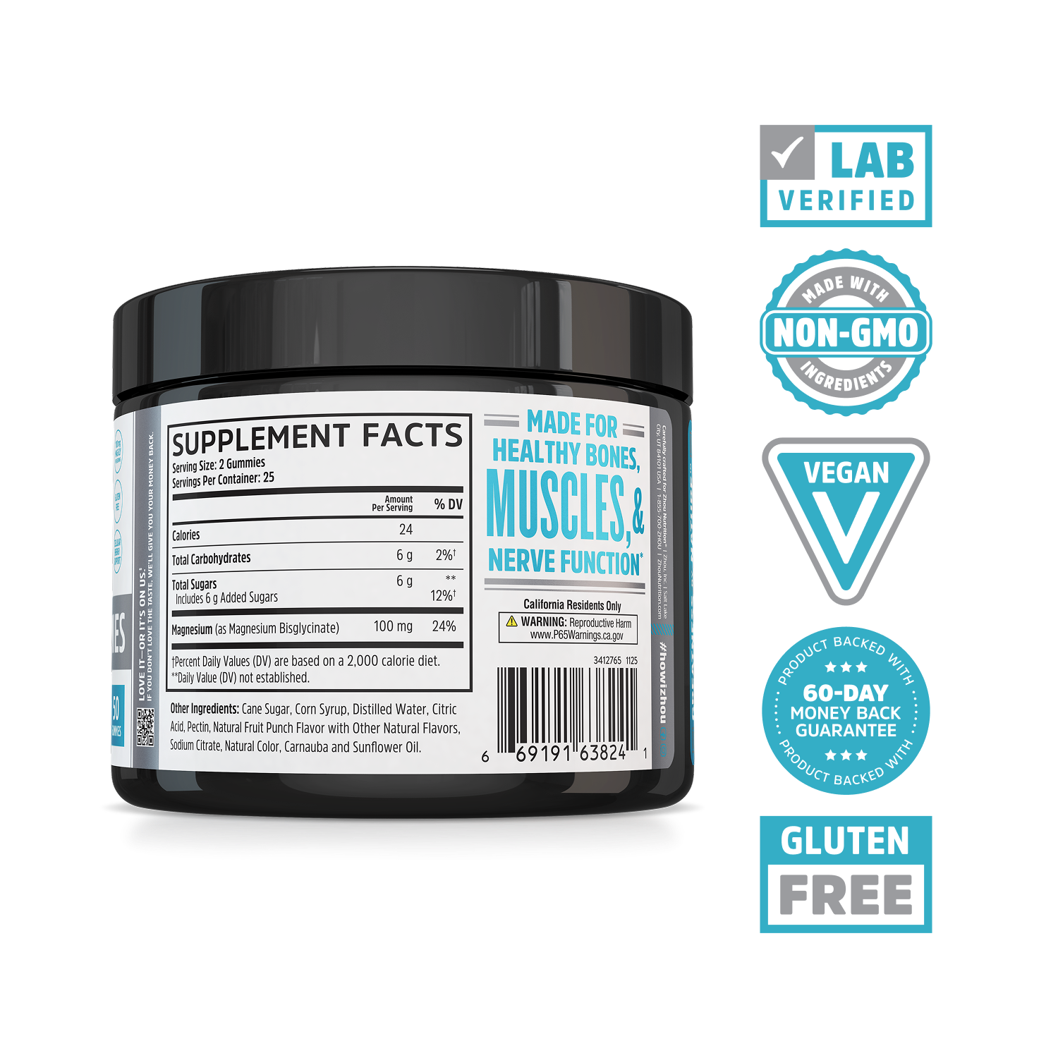 Zhou Nutrition Mag Glycinate Gummies jar with label for nerve support, benefits, and vegan, gluten-free icons.