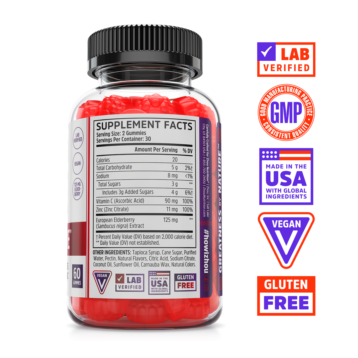 Elder-Mune Elderberry Gummies by Zhou Nutrition: Lab Verified, GMP, Vegan, Gluten Free, Made in USA for immune support.