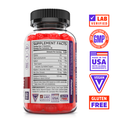 Elder-Mune Elderberry Gummies by Zhou Nutrition: Lab Verified, GMP, Vegan, Gluten Free, Made in USA for immune support.