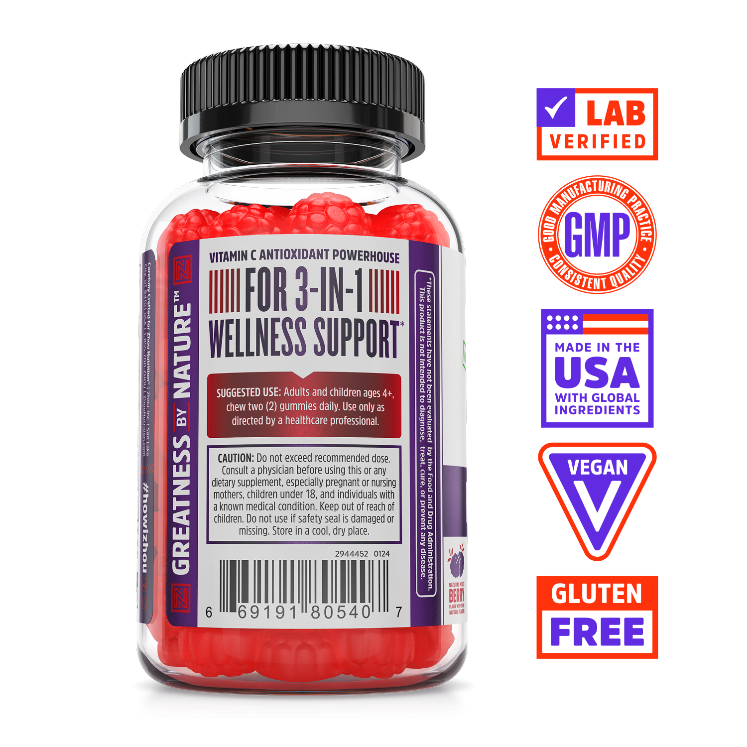 Elder-Mune Elderberry Gummies by Zhou Nutrition offer immune support with vitamin C and elderberry extract.