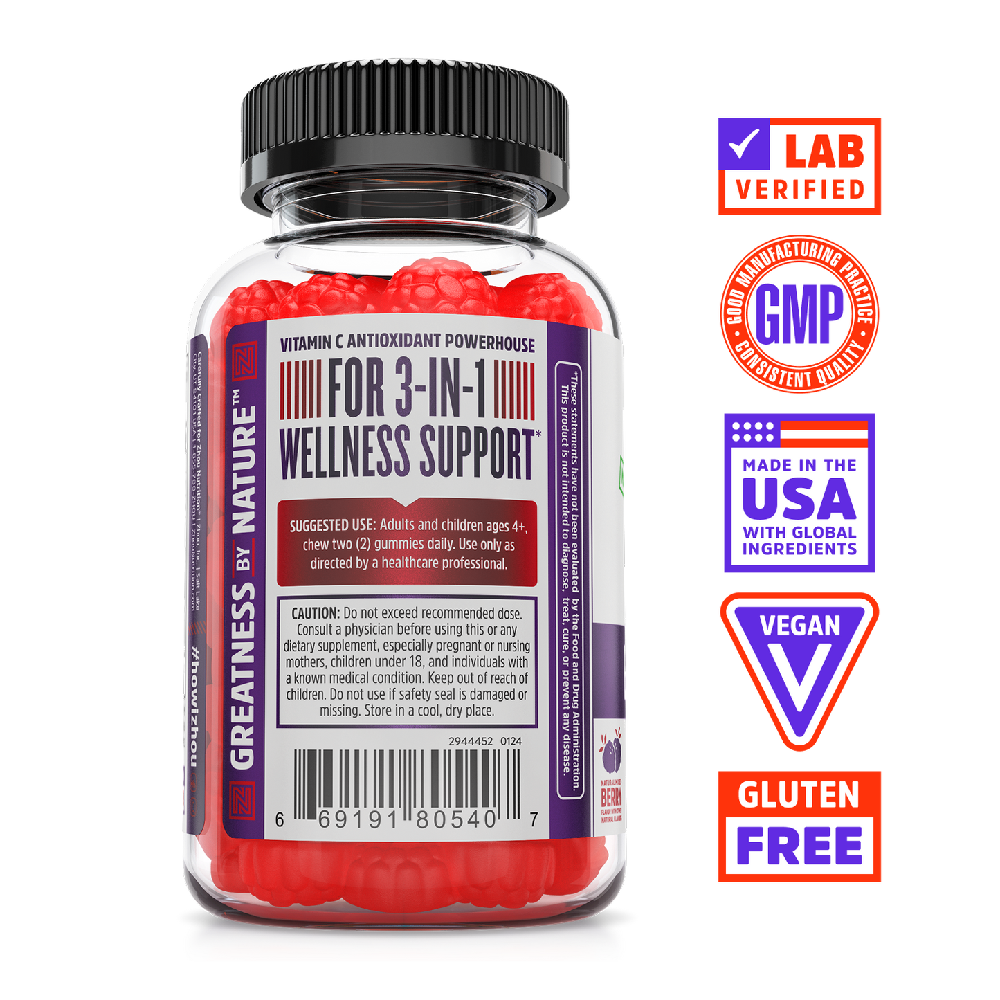 Elder-Mune Elderberry Gummies by Zhou Nutrition offer immune support with vitamin C and elderberry extract.