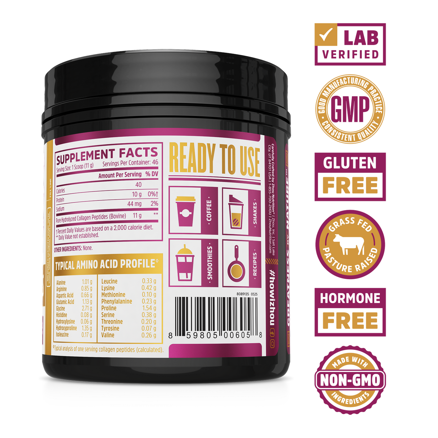 Zhou Nutrition Collagen Peptides: grass-fed, lab verified, GMP, gluten free, hormone free & non-GMO supplement.