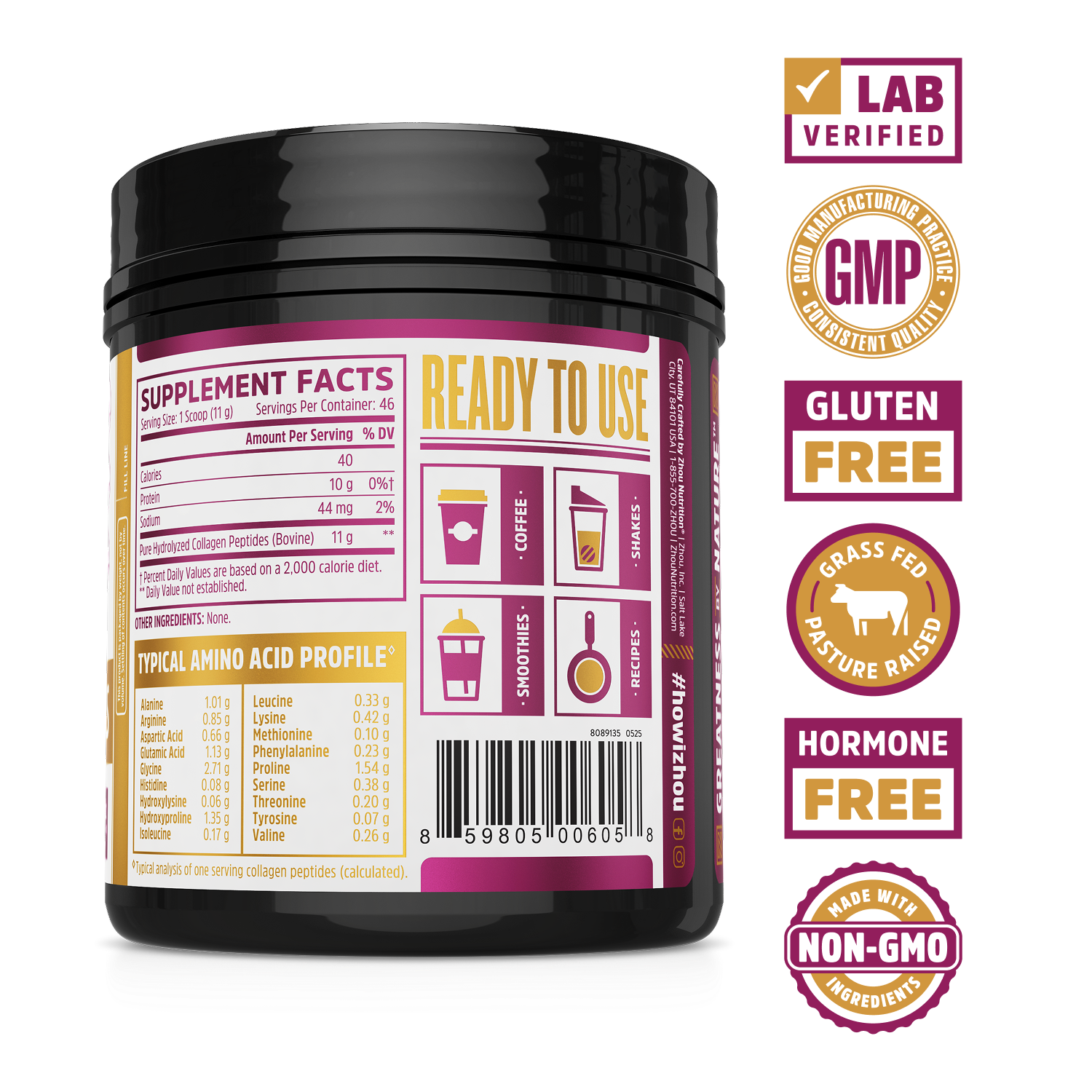 Zhou Nutrition Collagen Peptides: grass-fed, lab verified, GMP, gluten free, hormone free & non-GMO supplement.