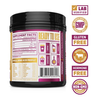 Zhou Nutrition Collagen Peptides: grass-fed, lab verified, GMP, gluten free, hormone free & non-GMO supplement.