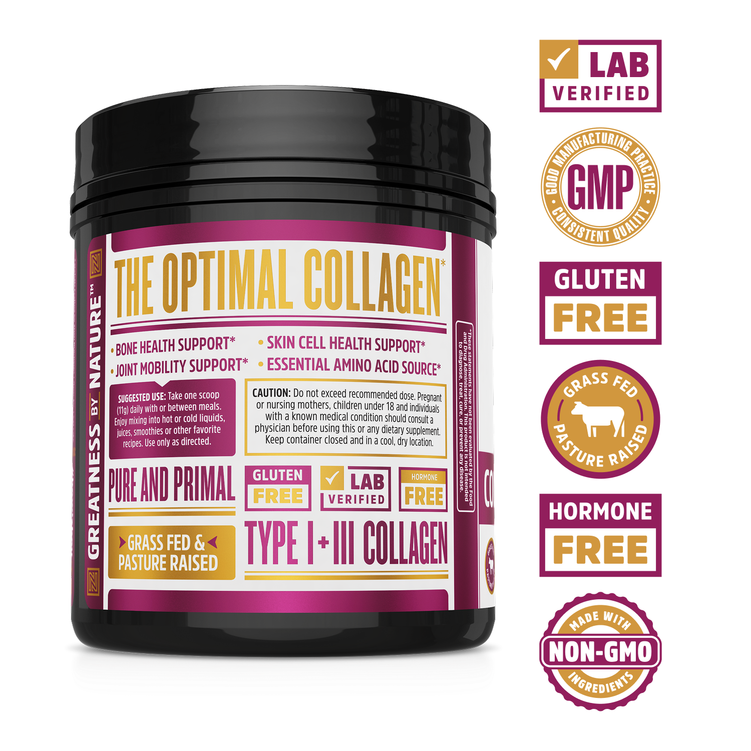 Zhou Nutrition Collagen Peptides: grass-fed, lab verified, GMP, gluten free, hormone free, and non-GMO container.