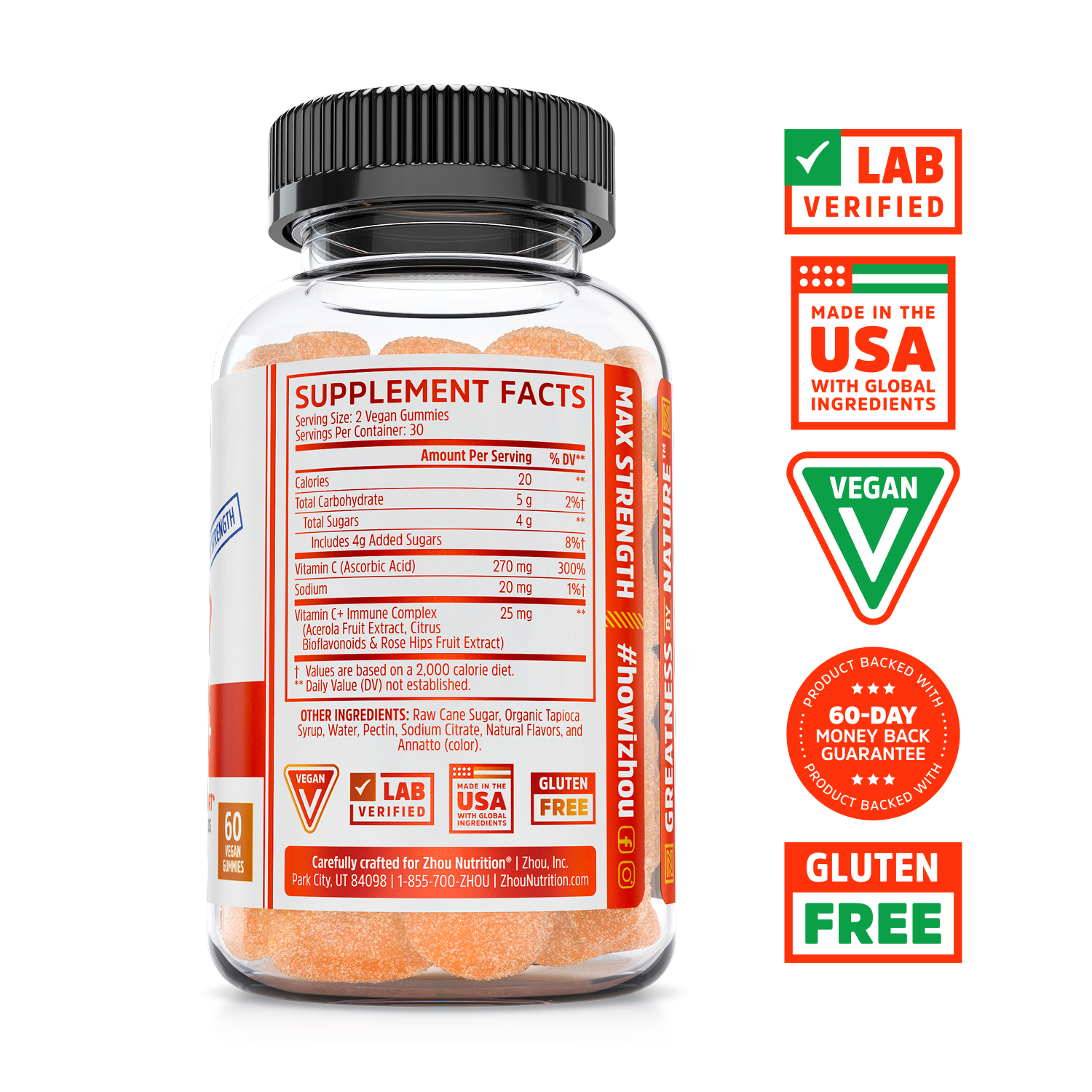 Zhou Nutrition Vitamin C+ Gummies: immune support, lab verified, vegan, gluten free, USA-made, money back guarantee.