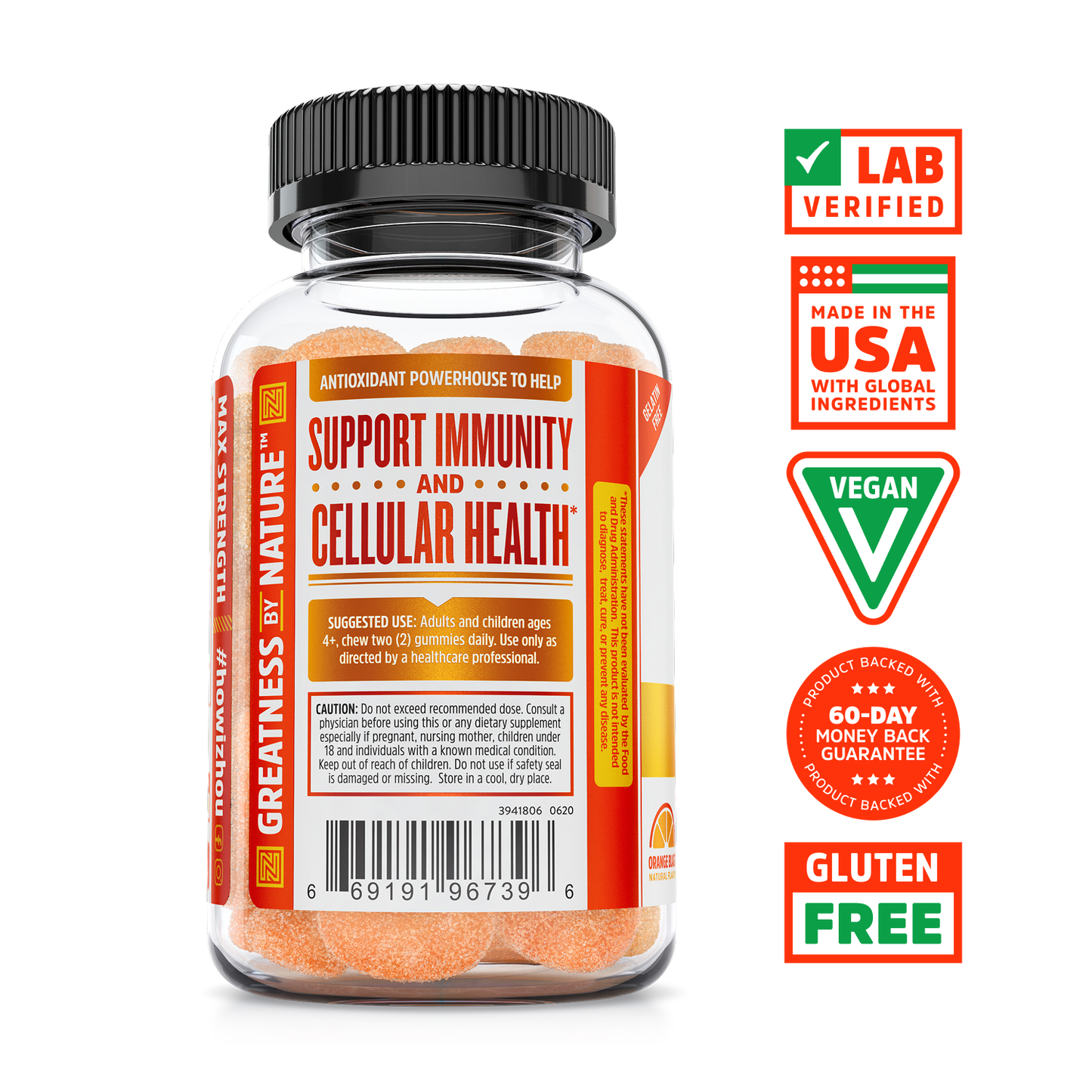 A Zhou Nutrition Vitamin C+ Gummies bottle labeled Support Immunity & Cellular Health, with immune and collagen badges.