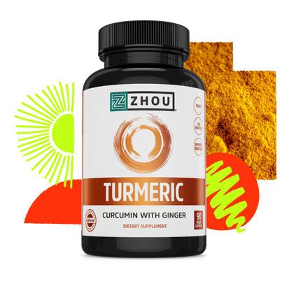 A bottle of Zhou Nutrition Turmeric capsules with turmeric powder and colorful abstract shapes in the background.