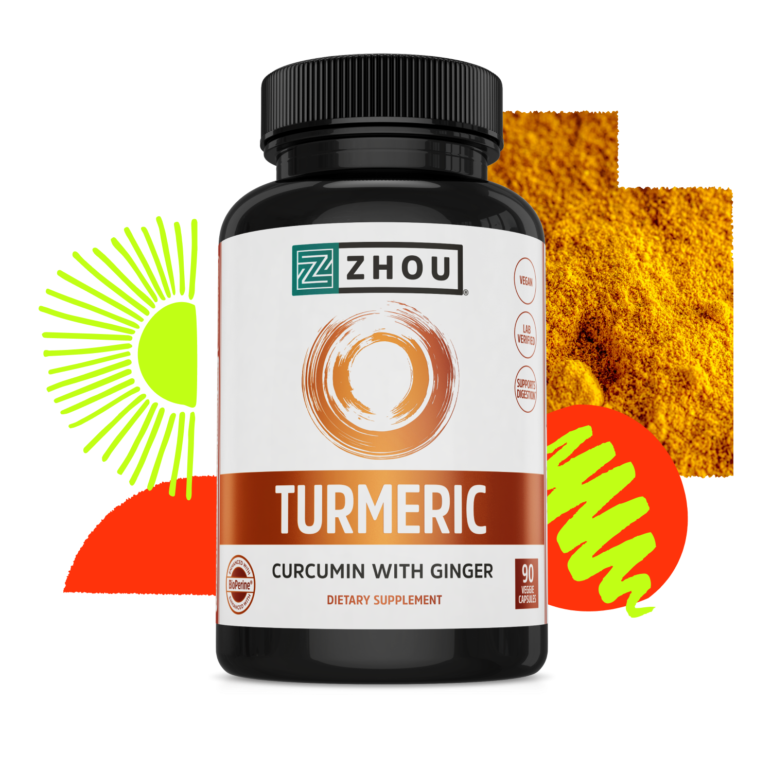 A bottle of Zhou Nutrition Turmeric capsules with turmeric powder and colorful abstract shapes in the background.