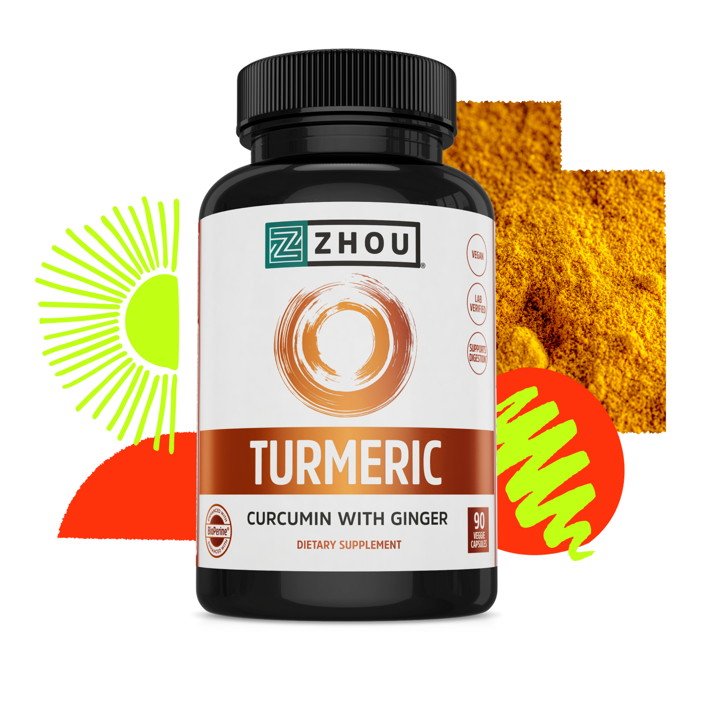 A bottle of Zhou Nutrition Turmeric capsules with turmeric powder and colorful abstract shapes in the background.