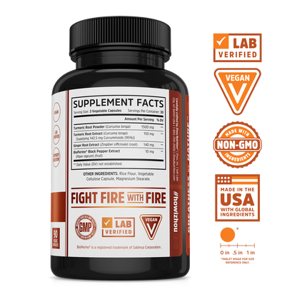 A Zhou Nutrition Turmeric bottle with capsules, labeled Lab Verified, Vegan, Non-GMO, Made in USA, GMP Certified.