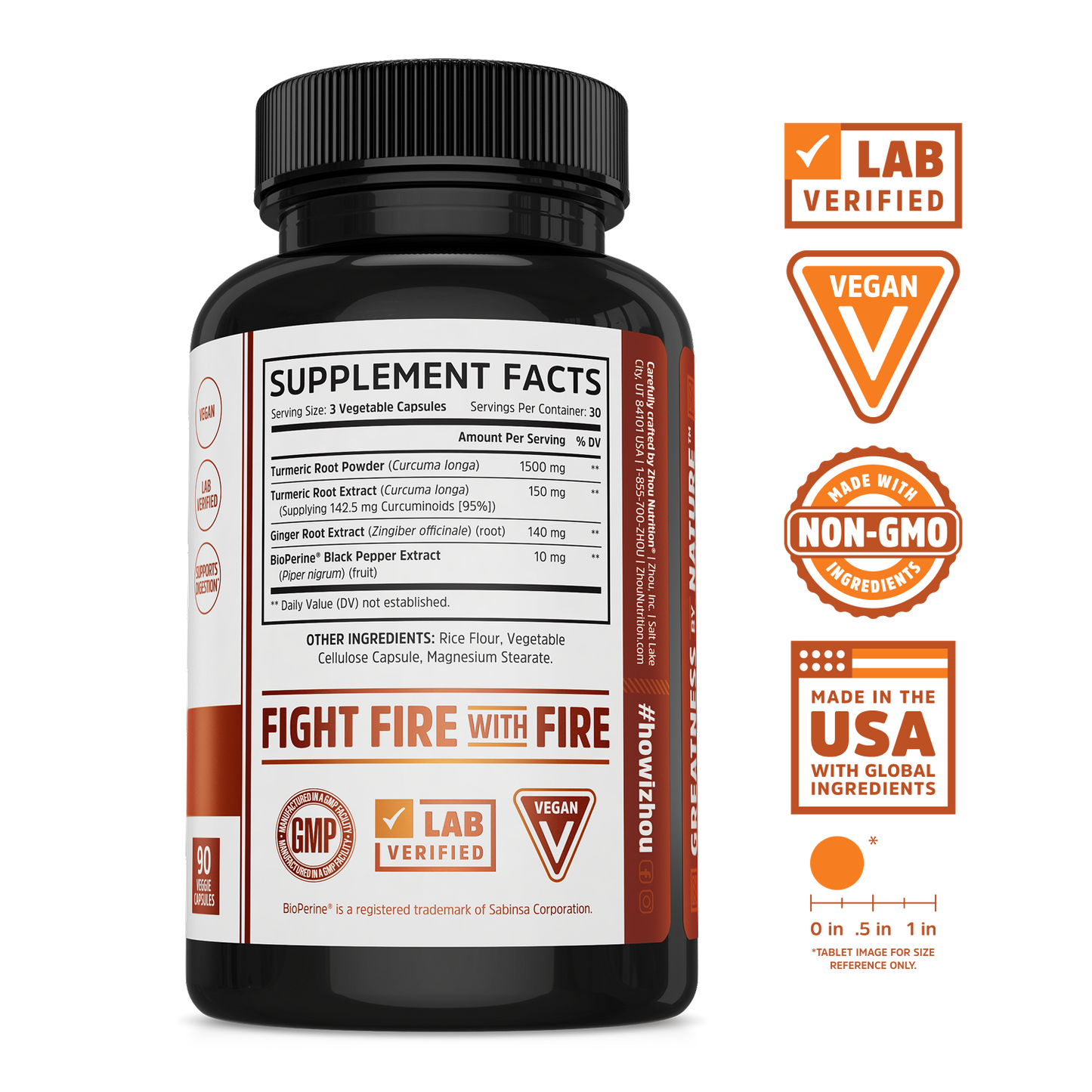 A Zhou Nutrition Turmeric bottle with capsules, labeled Lab Verified, Vegan, Non-GMO, Made in USA, GMP Certified.