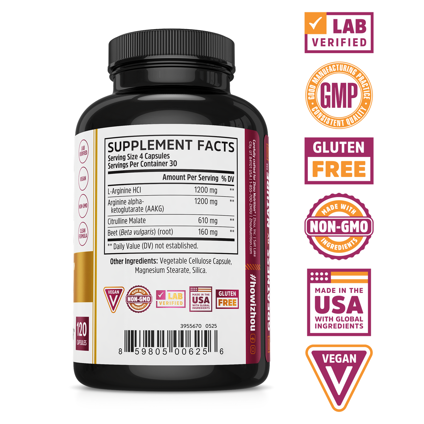 N.O. Pro by Zhou Nutrition: black supplement bottle, nitric oxide support, lab verified, vegan, gluten-free, USA made.