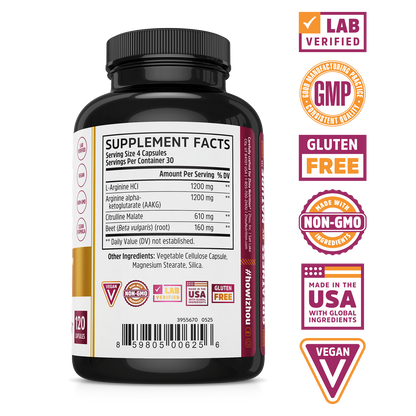 N.O. Pro by Zhou Nutrition: black supplement bottle, nitric oxide support, lab verified, vegan, gluten-free, USA made.