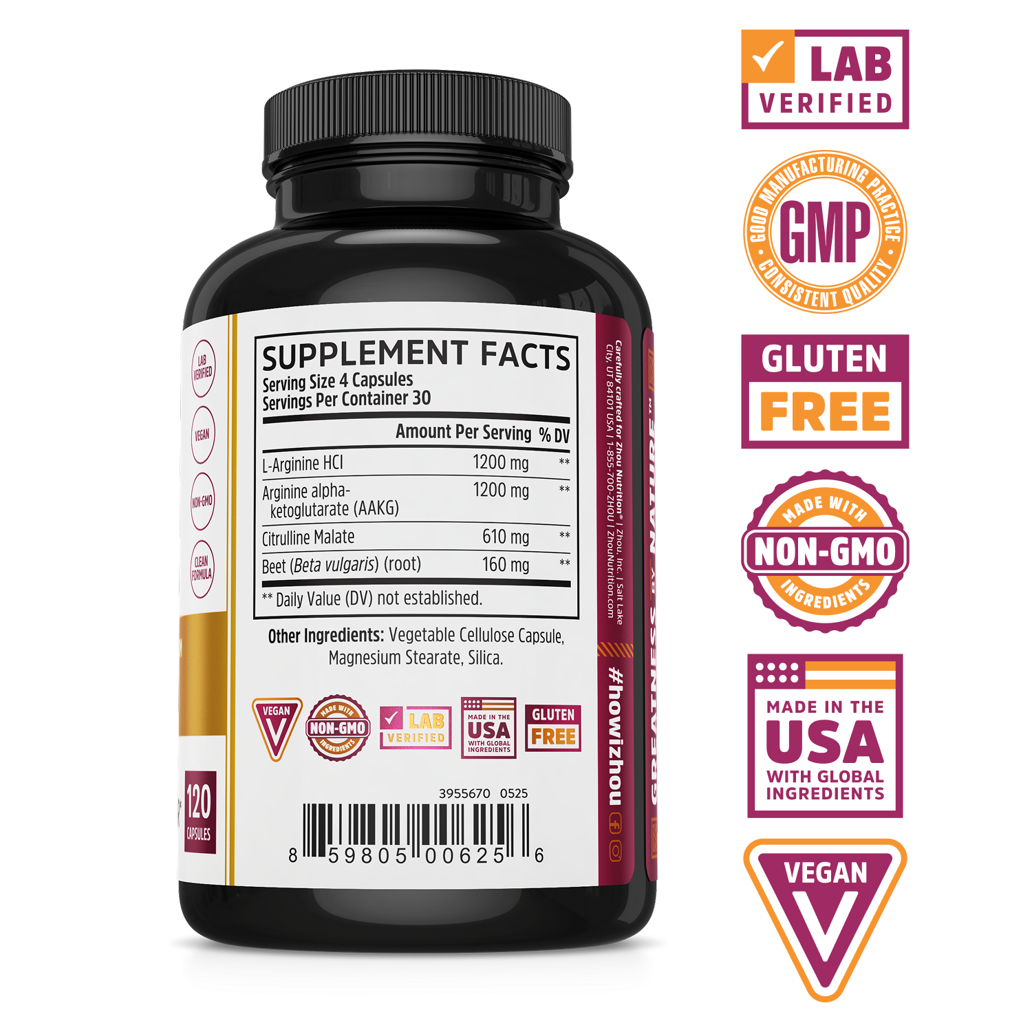 N.O. Pro by Zhou Nutrition: black supplement bottle, nitric oxide support, lab verified, vegan, gluten-free, USA made.