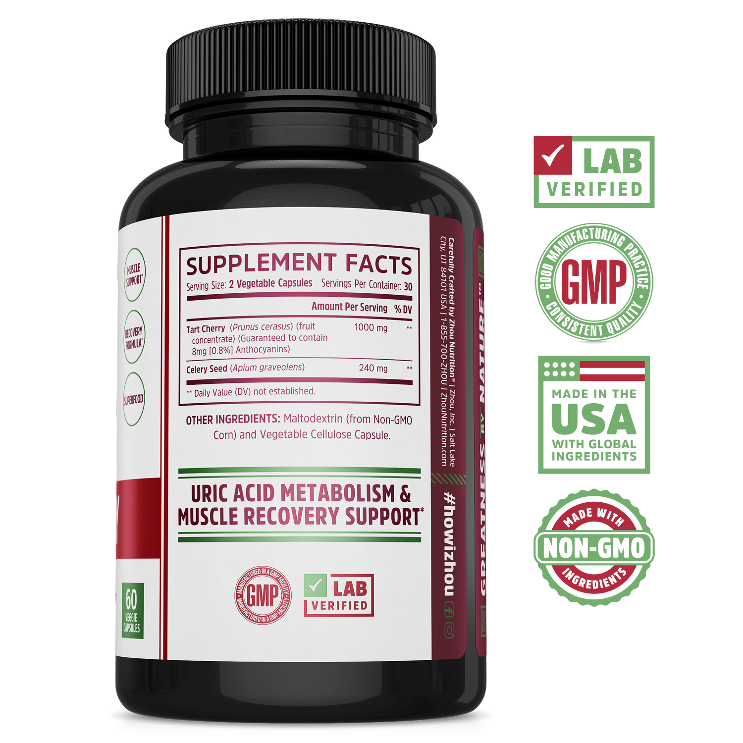 Zhou Nutrition Tart Cherry Extract + Celery Seed capsules support uric acid metabolism; GMP, lab verified, non-GMO.