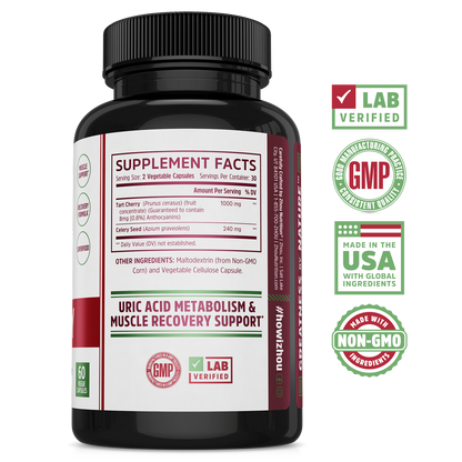 Zhou Nutrition Tart Cherry Extract + Celery Seed capsules support uric acid metabolism; GMP, lab verified, non-GMO.