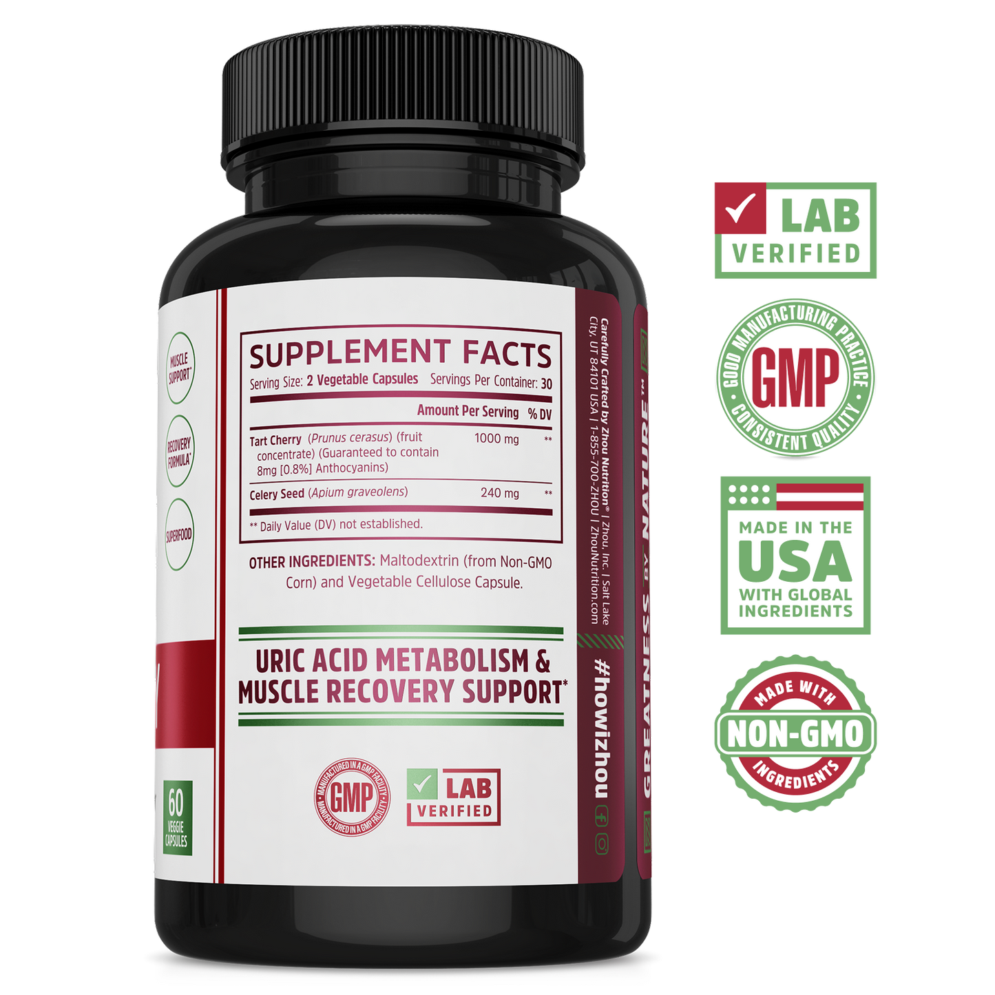 Zhou Nutrition Tart Cherry Extract + Celery Seed capsules support uric acid metabolism; GMP, lab verified, non-GMO.