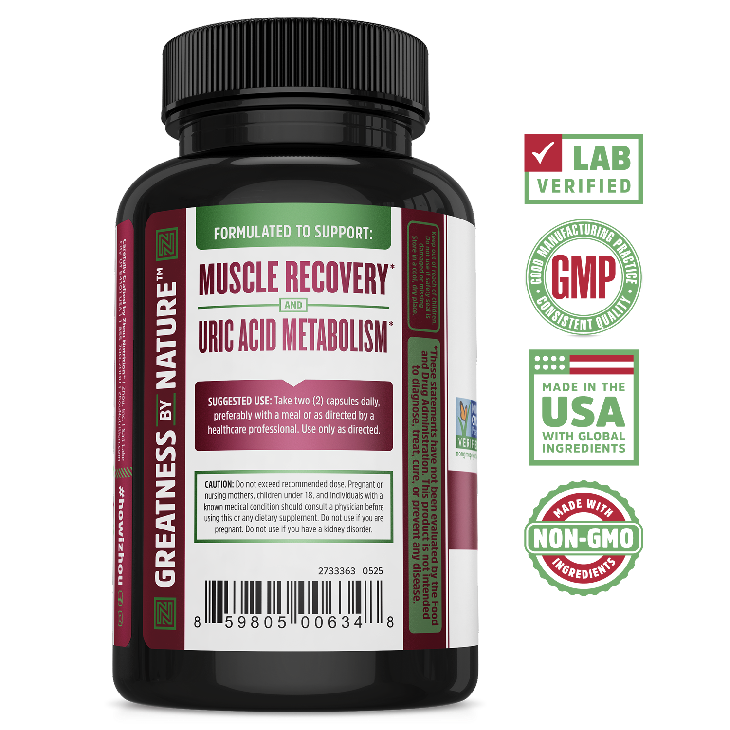 Zhou Nutrition Tart Cherry Extract + Celery Seed supports muscle recovery and uric acid metabolism with quality badges.