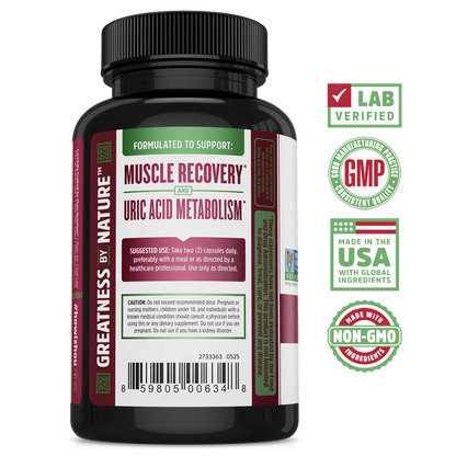Zhou Nutrition Tart Cherry Extract + Celery Seed supports muscle recovery and uric acid metabolism with quality badges.