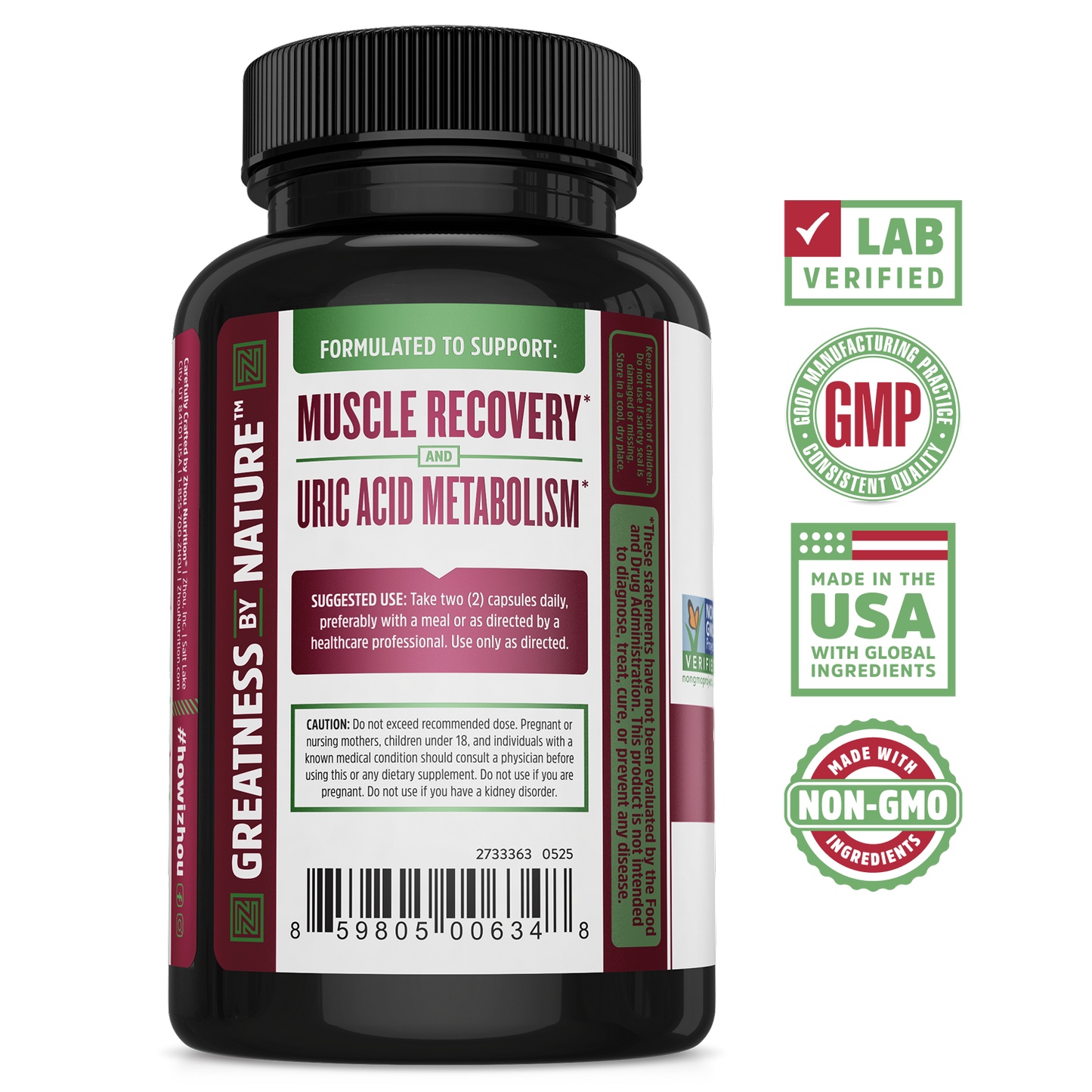 Zhou Nutrition Tart Cherry Extract + Celery Seed supports muscle recovery and uric acid metabolism with quality badges.