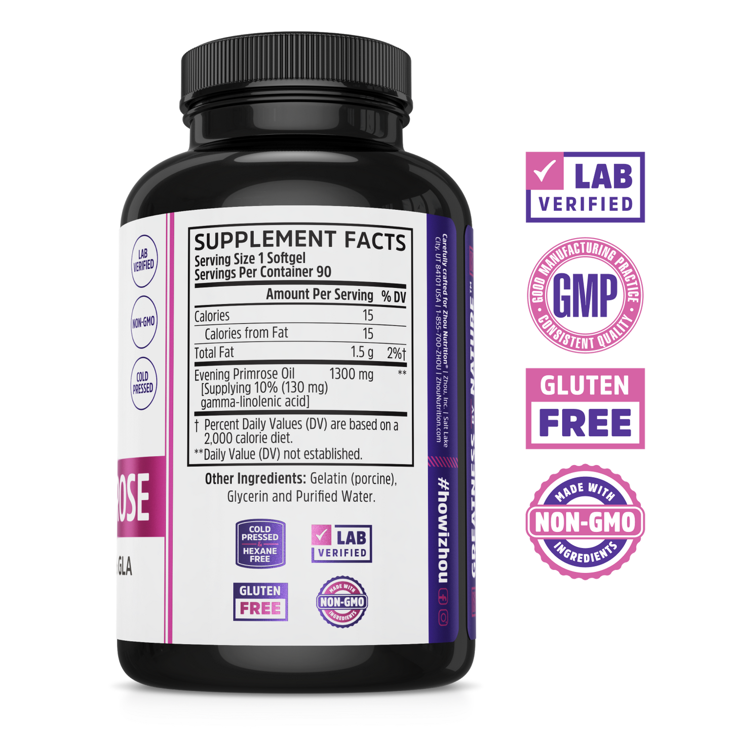 A Zhou Nutrition Evening Primrose supplement bottle labeled for hormonal balance with supplement facts and certification badges.