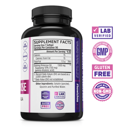 A Zhou Nutrition Evening Primrose supplement bottle labeled for hormonal balance with supplement facts and certification badges.