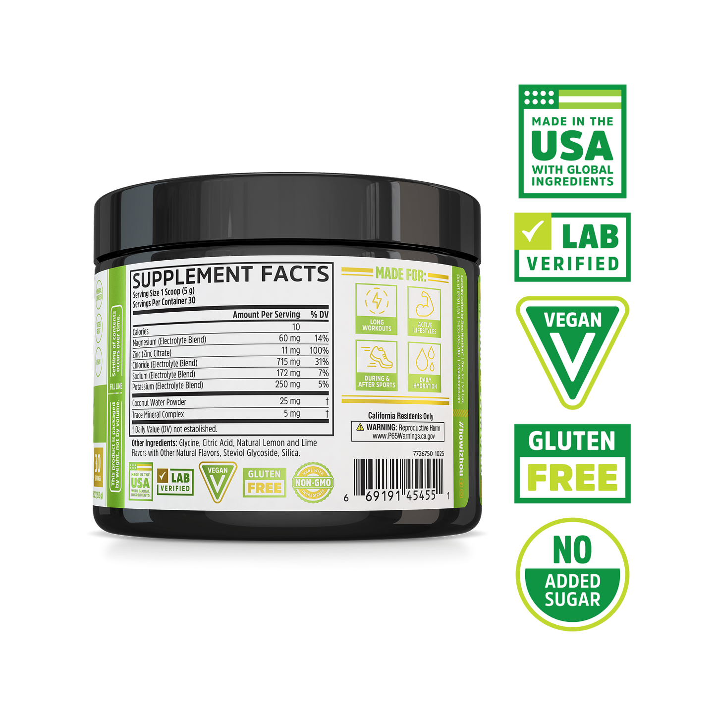 Hydro-Fuel by Zhou Nutrition: black USA-made vegan hydration supplement with nutrition facts and electrolyte boost.
