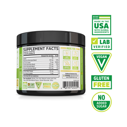 Hydro-Fuel by Zhou Nutrition: black USA-made vegan hydration supplement with nutrition facts and electrolyte boost.