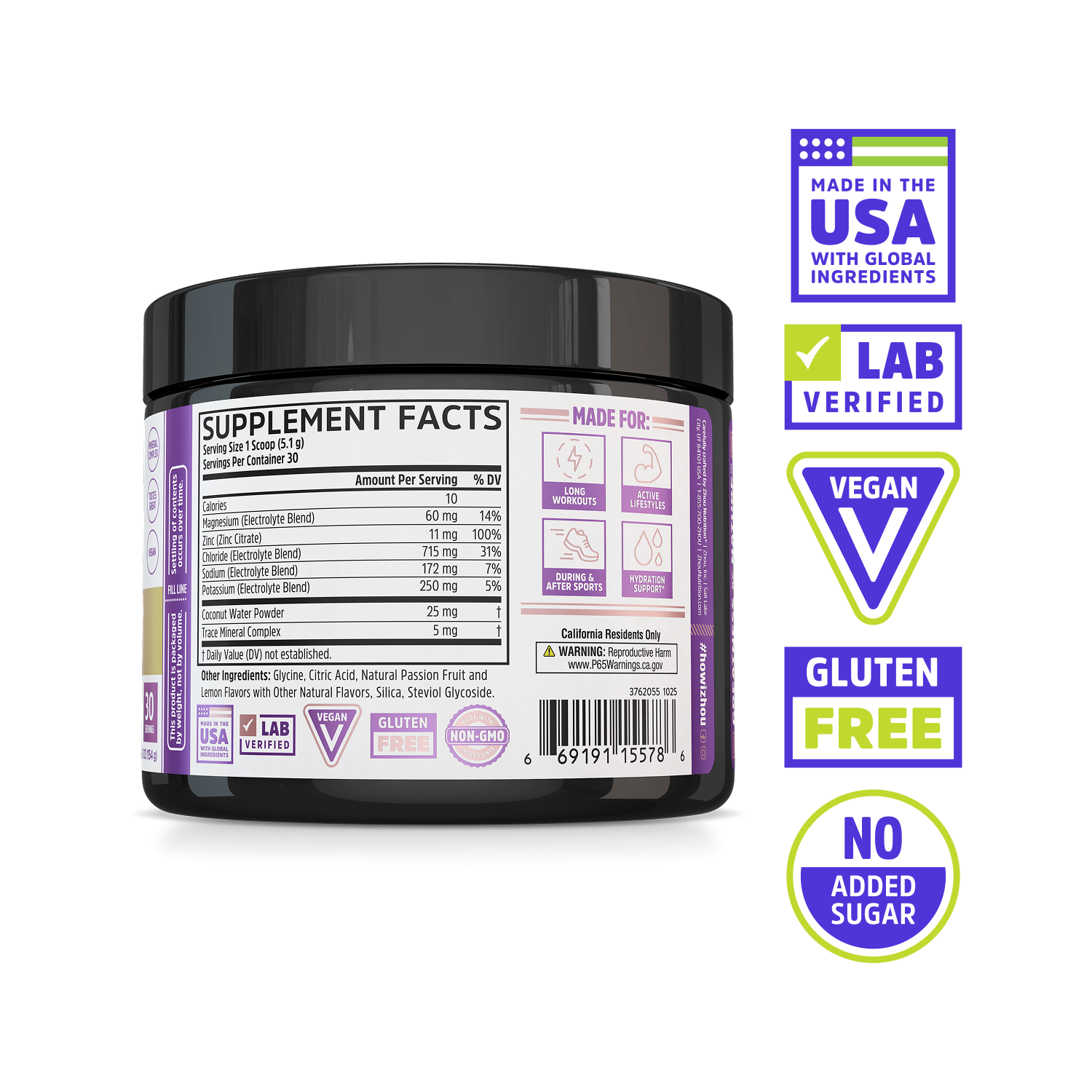 Zhou Nutrition Hydro-Fuel: magnesium hydration, USA made, lab verified, vegan, gluten free, no added sugar.