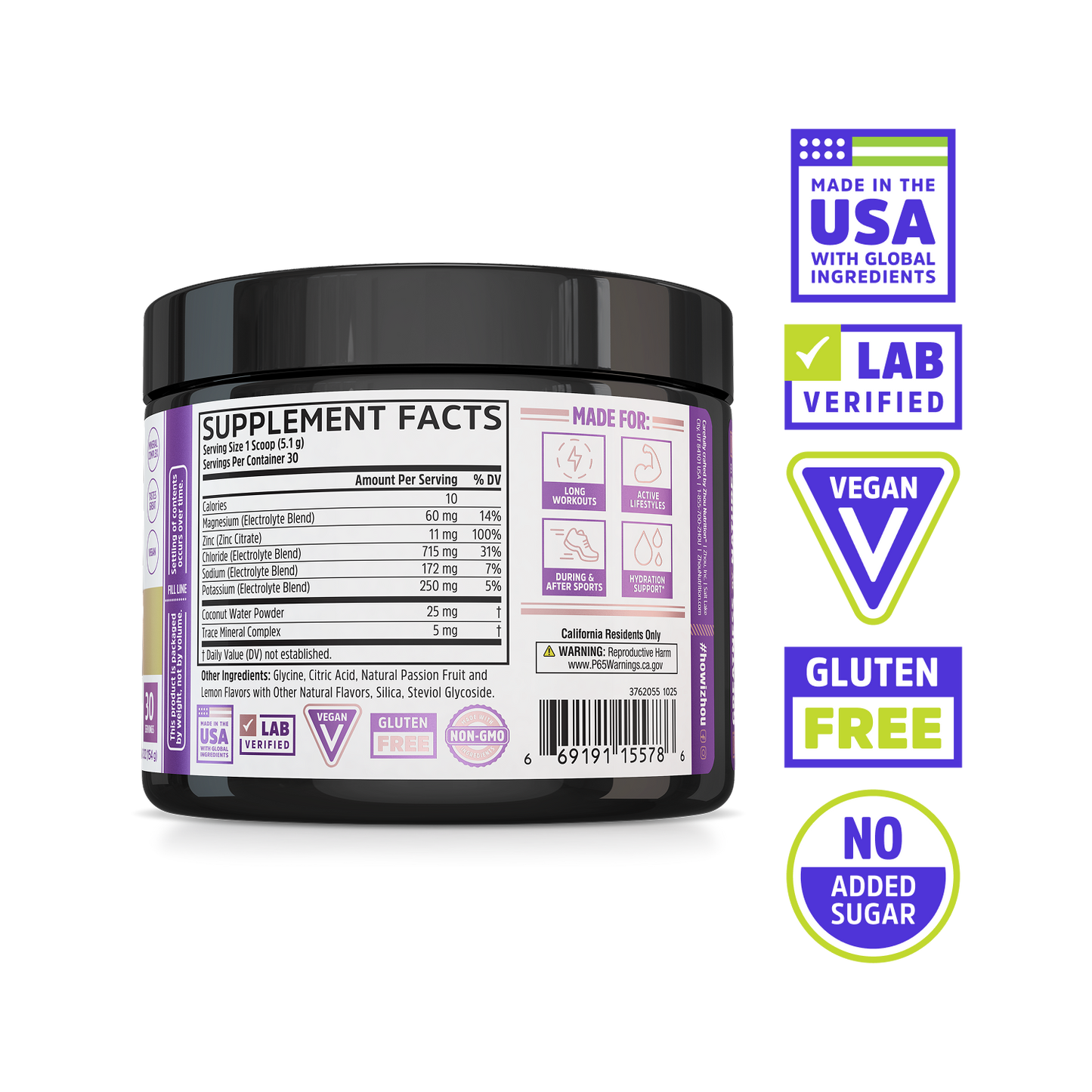 Zhou Nutrition Hydro-Fuel: magnesium hydration, USA made, lab verified, vegan, gluten free, no added sugar.