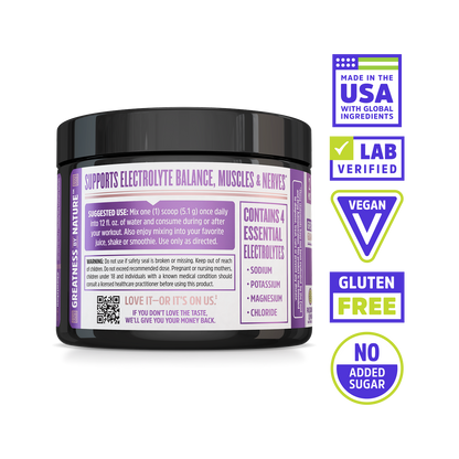 Hydro-Fuel by Zhou Nutrition with usage tips, USA made, magnesium, vegan, and gluten free icons.