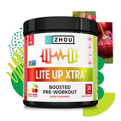 A container of Zhou Nutrition Lite Up XTRA cherry limeade pre-workout with clean caffeine and cherries in the background.