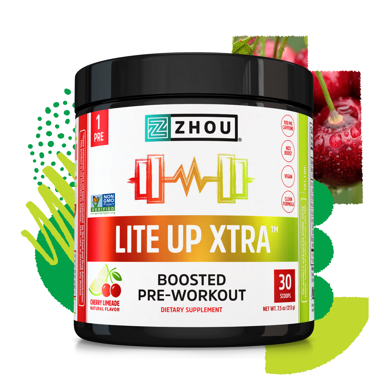 A container of Zhou Nutrition Lite Up XTRA cherry limeade pre-workout with clean caffeine and cherries in the background.