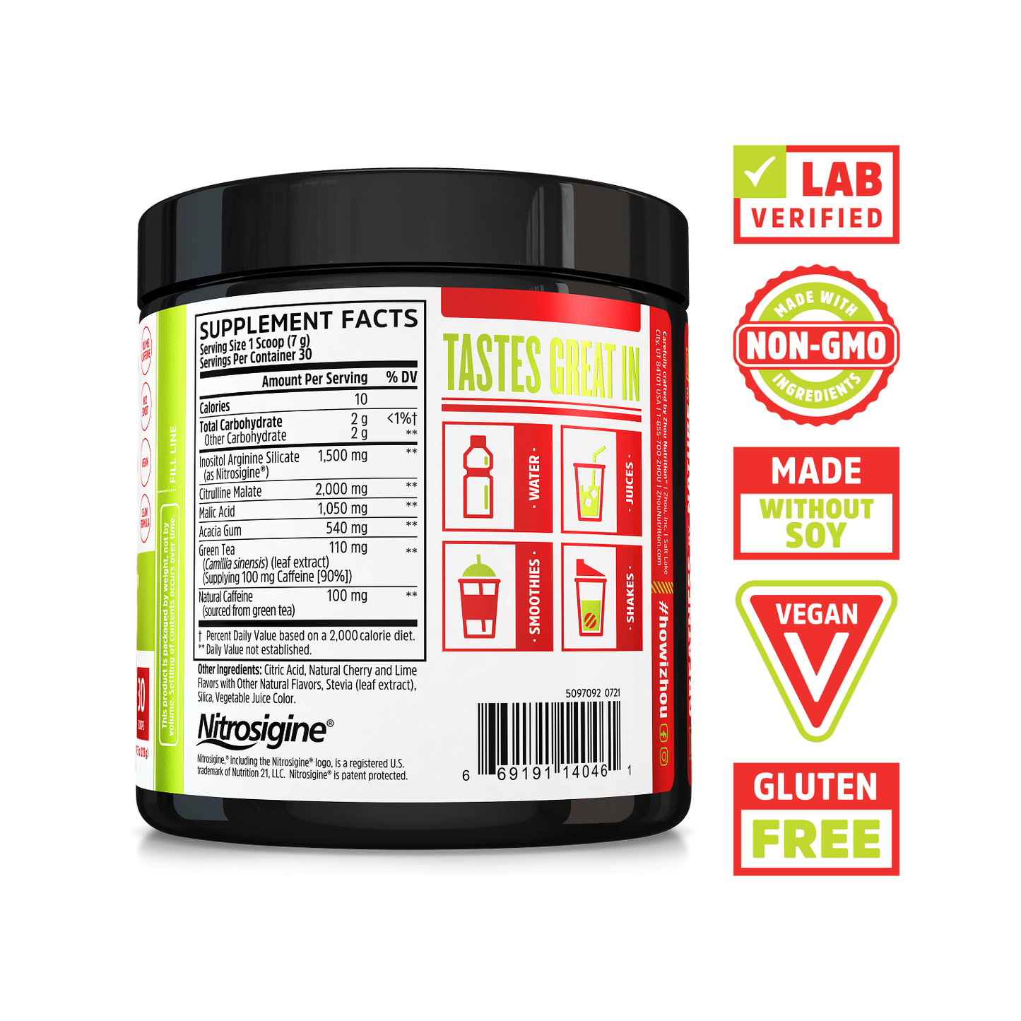 A Lite Up XTRA pre-workout by Zhou Nutrition with nutrition facts and icons for lab verified, non-GMO, soy-free, vegan, gluten-free.