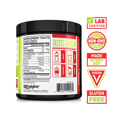 A Lite Up XTRA pre-workout by Zhou Nutrition with nutrition facts and icons for lab verified, non-GMO, soy-free, vegan, gluten-free.