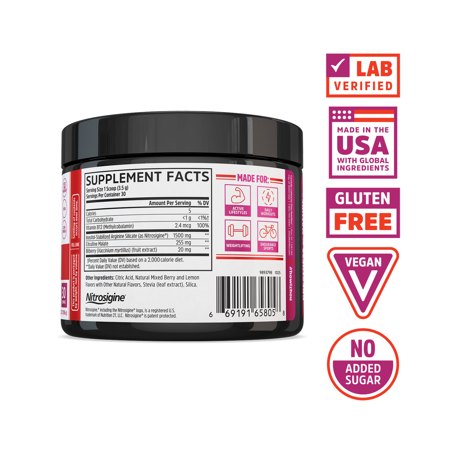Lite Up by Zhou Nutrition: lab verified, made in USA, gluten free, vegan, nitric oxide boost.
