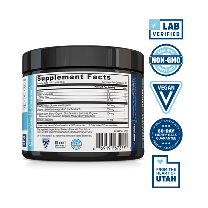 Zhou Nutrition's Daily Blues—lab-verified, non-GMO superfood powder in a black container, made in Utah.