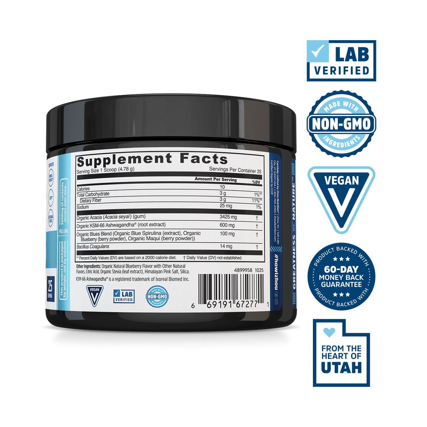 Zhou Nutrition's Daily Blues—lab-verified, non-GMO superfood powder in a black container, made in Utah.