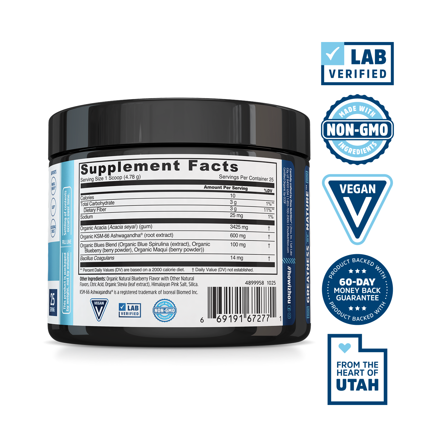 Zhou Nutrition's Daily Blues—lab-verified, non-GMO superfood powder in a black container, made in Utah.
